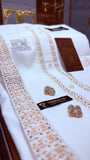 -SHAHENSHAH BOSKI WHITE ADVANCE TARKASHI EMBROIDERY UNSTICHED KURTA SALWAR PATHANI (TAWAKKAL TEX)