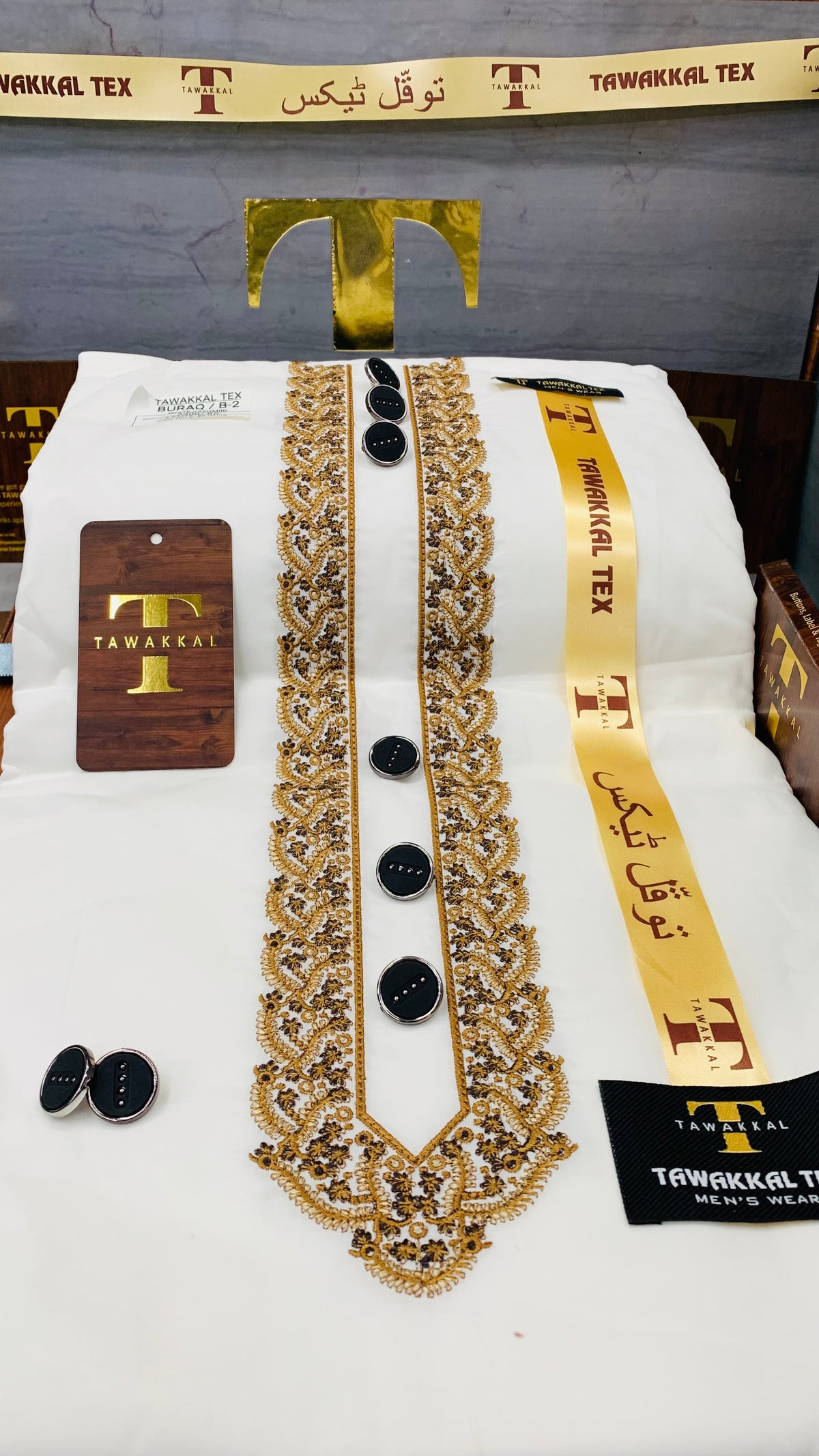 -BURAQ ORIGINAL GOLD KASHMIRI EMBROIDERY IMPORTED KURTA SALWAR PATHANI. (WITH AQ365 PERFUME FREE)