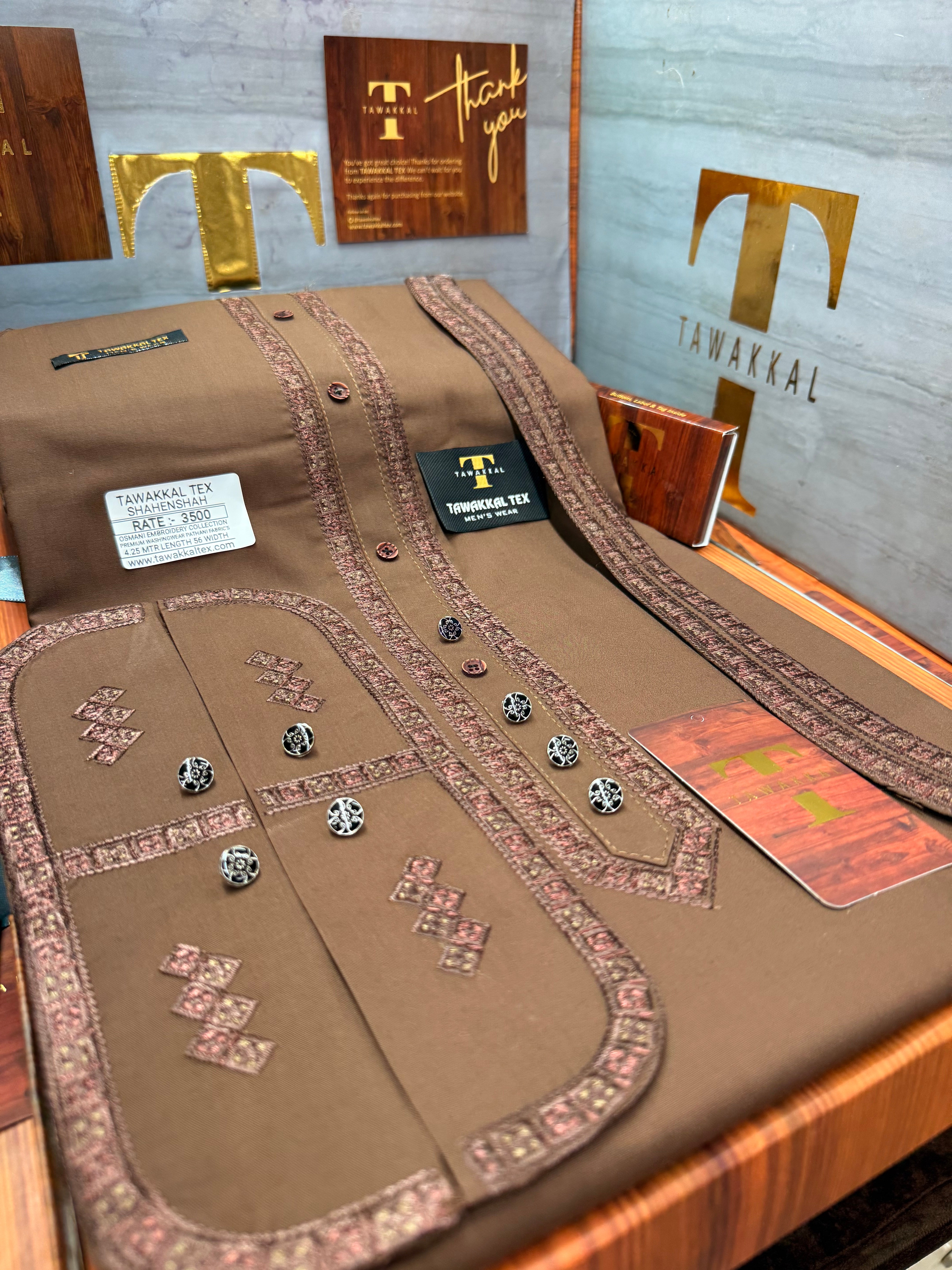 OSM-1476 HUNTER BROWN  SHAHENSHAH  KURTA SALAWAR (PREMIUM OSMANI EMBROIDERY PATHANI)