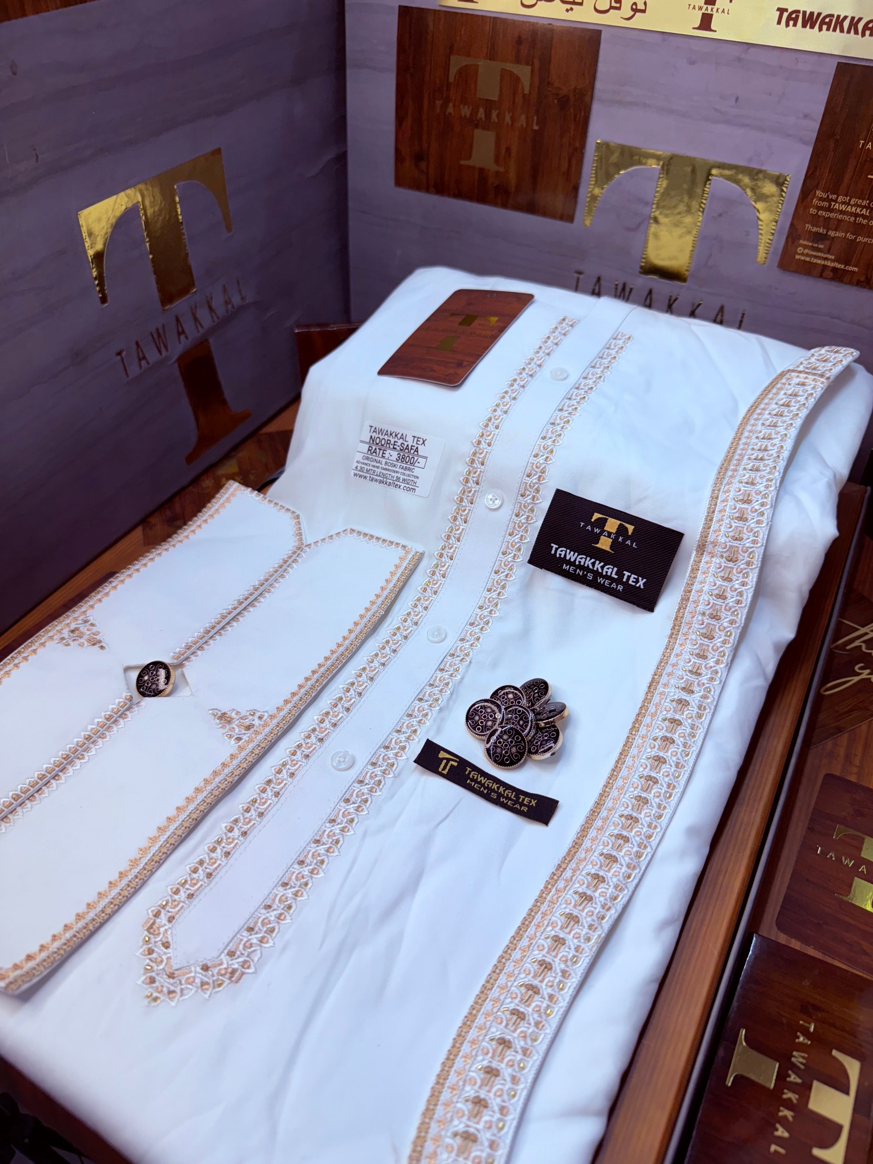 NOOR-E-SAFA BOSKI WHITE MULTANI ADVANCE TARKASHI HAND EMBROIDERY (TAWAKKAL TEX)