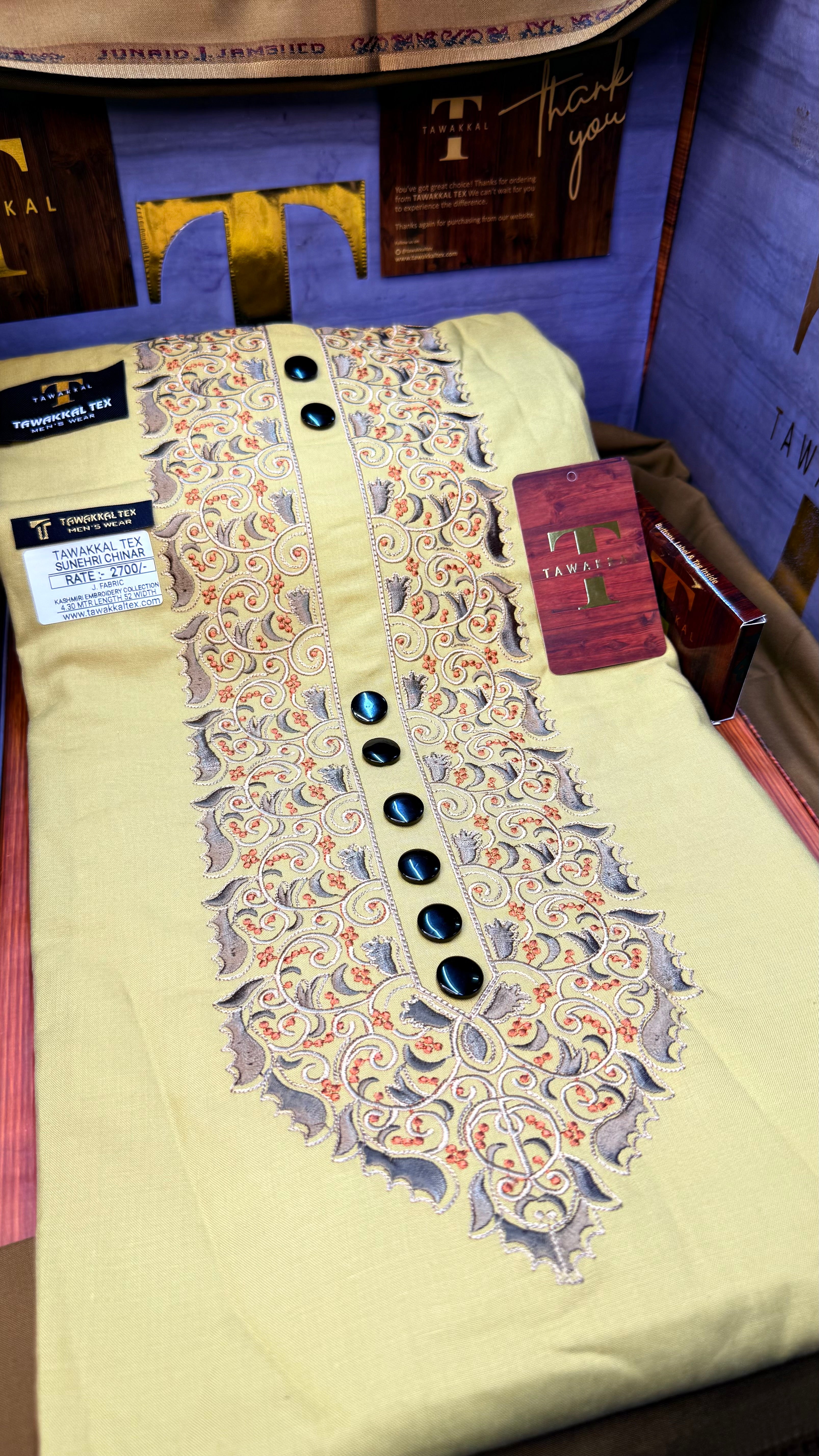SUNEHRI CHINAR GOLDEN DUNE 107-04MULTI COLOUR KASHMIRI EMBROIDERY UNSTICHED FULL KURTA SALWAR PATHANI (J. FABRIC IMPORTED) “Pics are clicked in HD cameras. Original color may vary from mobile to mobile depending on your handset. – Tawakkal Tex”
