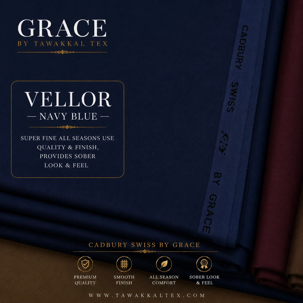 GRACE CADBURY SWISS  —VELLOR | NAVY BLUE  Premium All Seasons Use Kurta Salwar Fabric 4.50 MTR | 54–56 Width  BY GRACE INTERNATIONAL