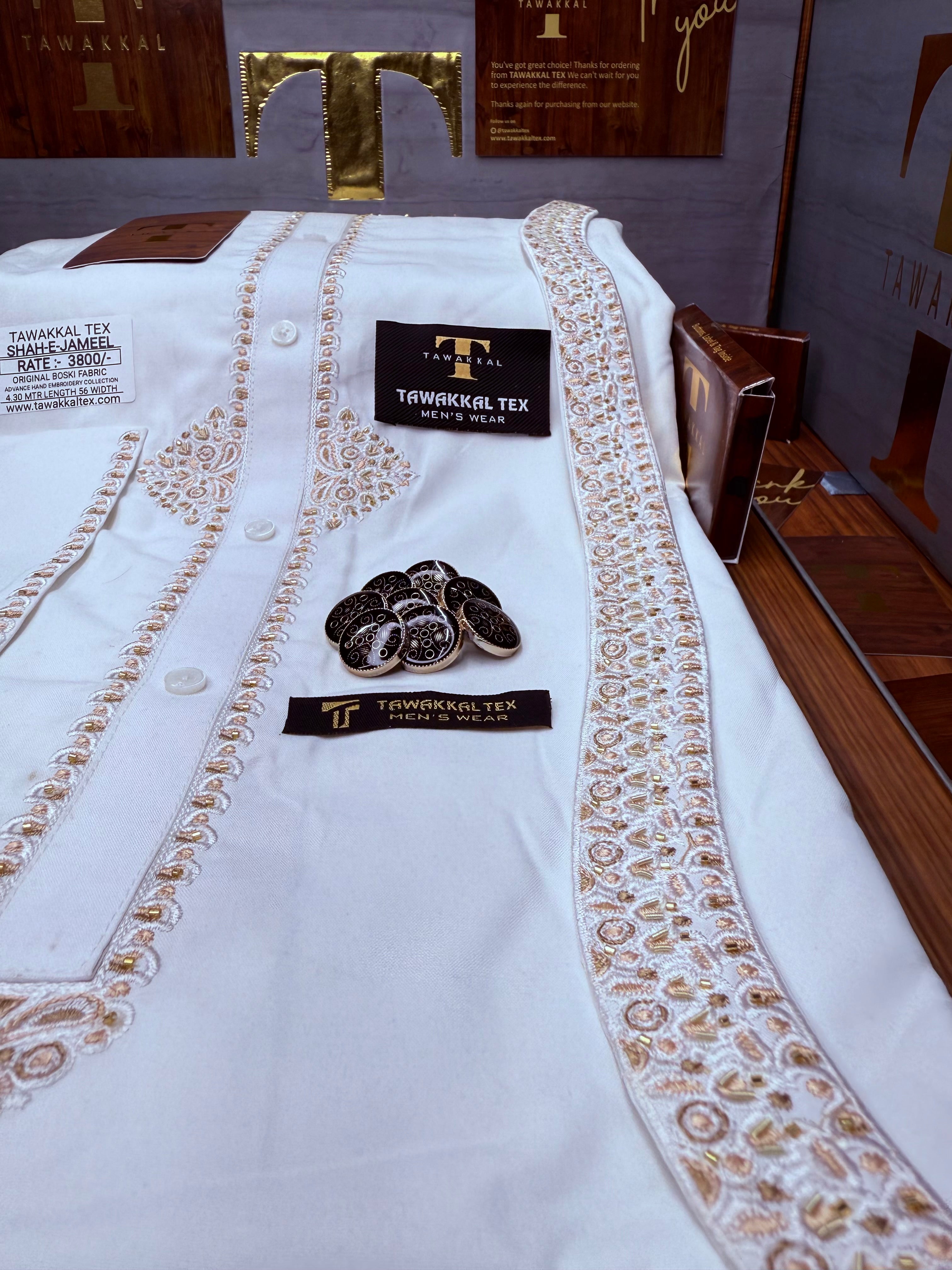 SHAH-E-JAMEEL BOSKI WHITE MULTANI ADVANCE TARKASHI HAND EMBROIDERY (TAWAKKAL TEX)