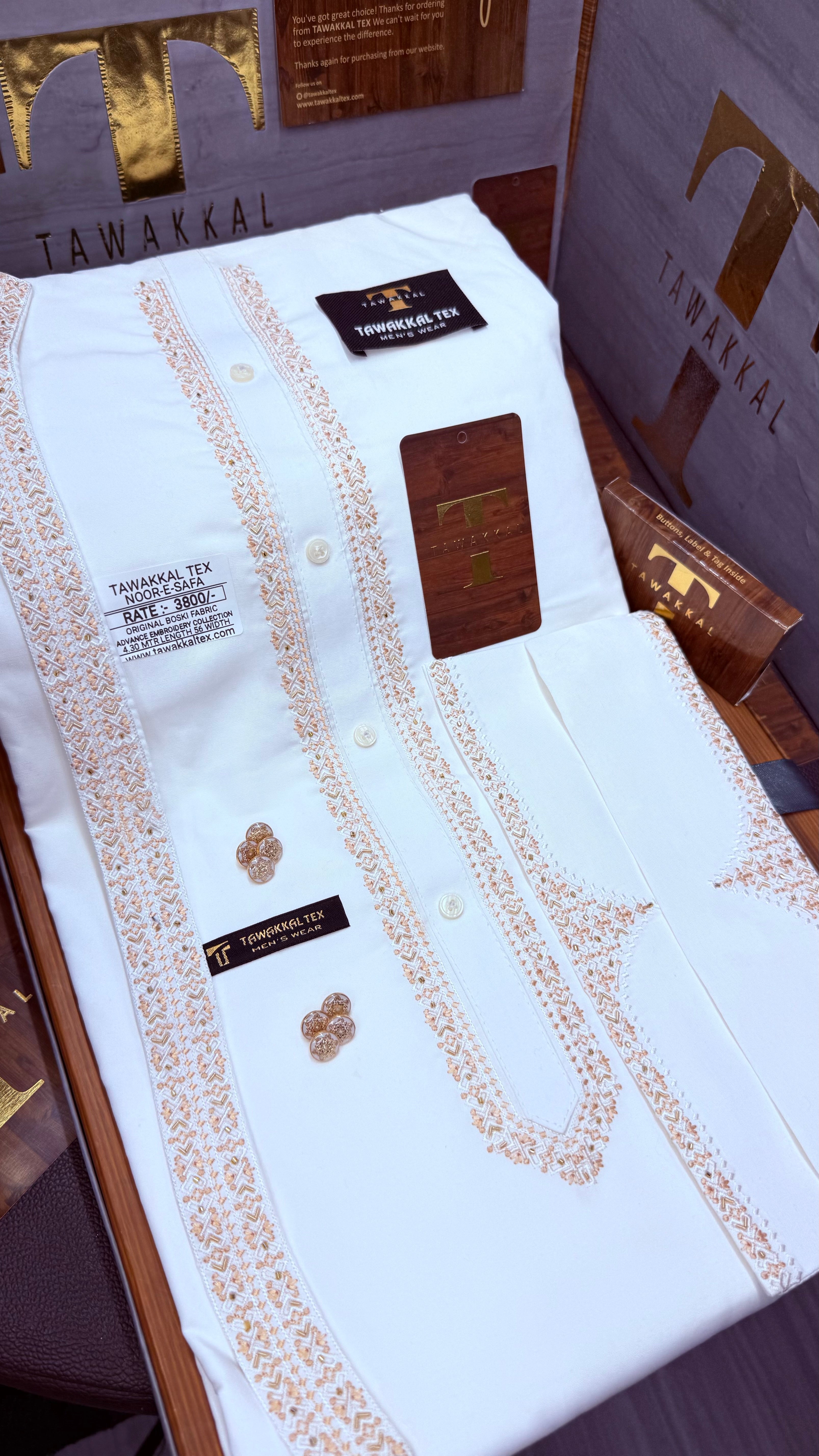 -NOOR-E-SAFA BOSKI KING WHITE ADVANCE TARKASHI EMBROIDERY UNSTICHED KURTA SALWAR PATHANI (TAWAKKAL TEX)