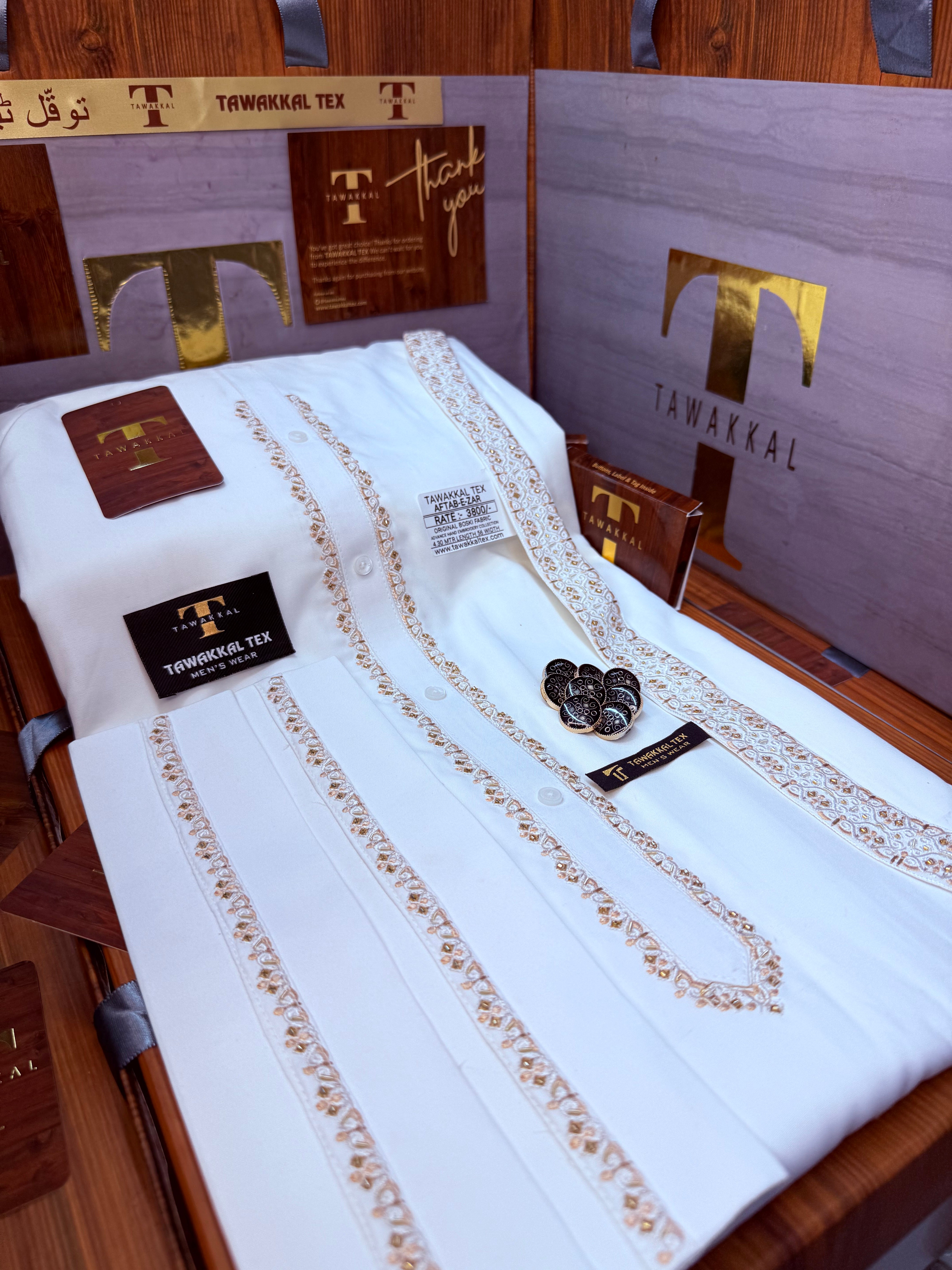 A AFTAB-E-ZAR BOSKI WHITE MULTANI ADVANCE TARKASHI HAND EMBROIDERY (TAWAKKAL TEX)
