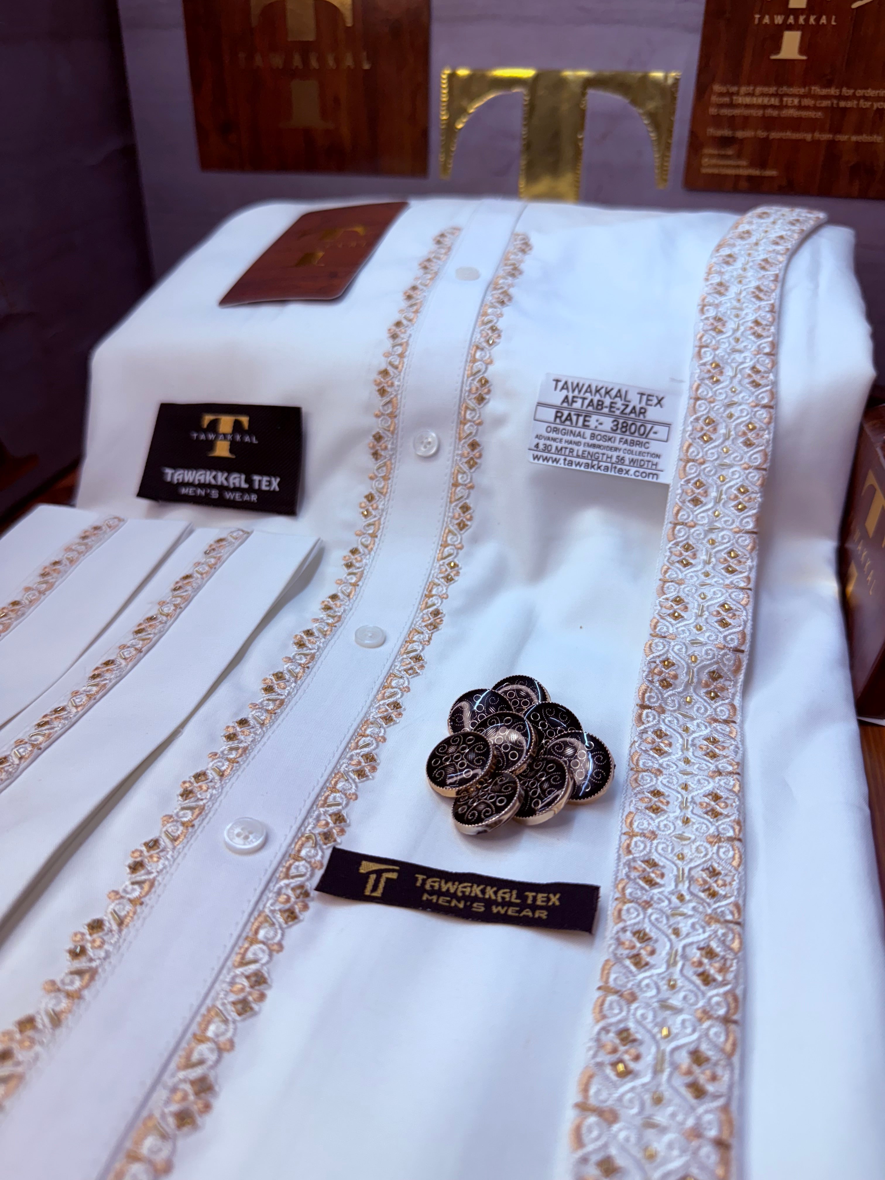 A AFTAB-E-ZAR BOSKI WHITE MULTANI ADVANCE TARKASHI HAND EMBROIDERY (TAWAKKAL TEX)