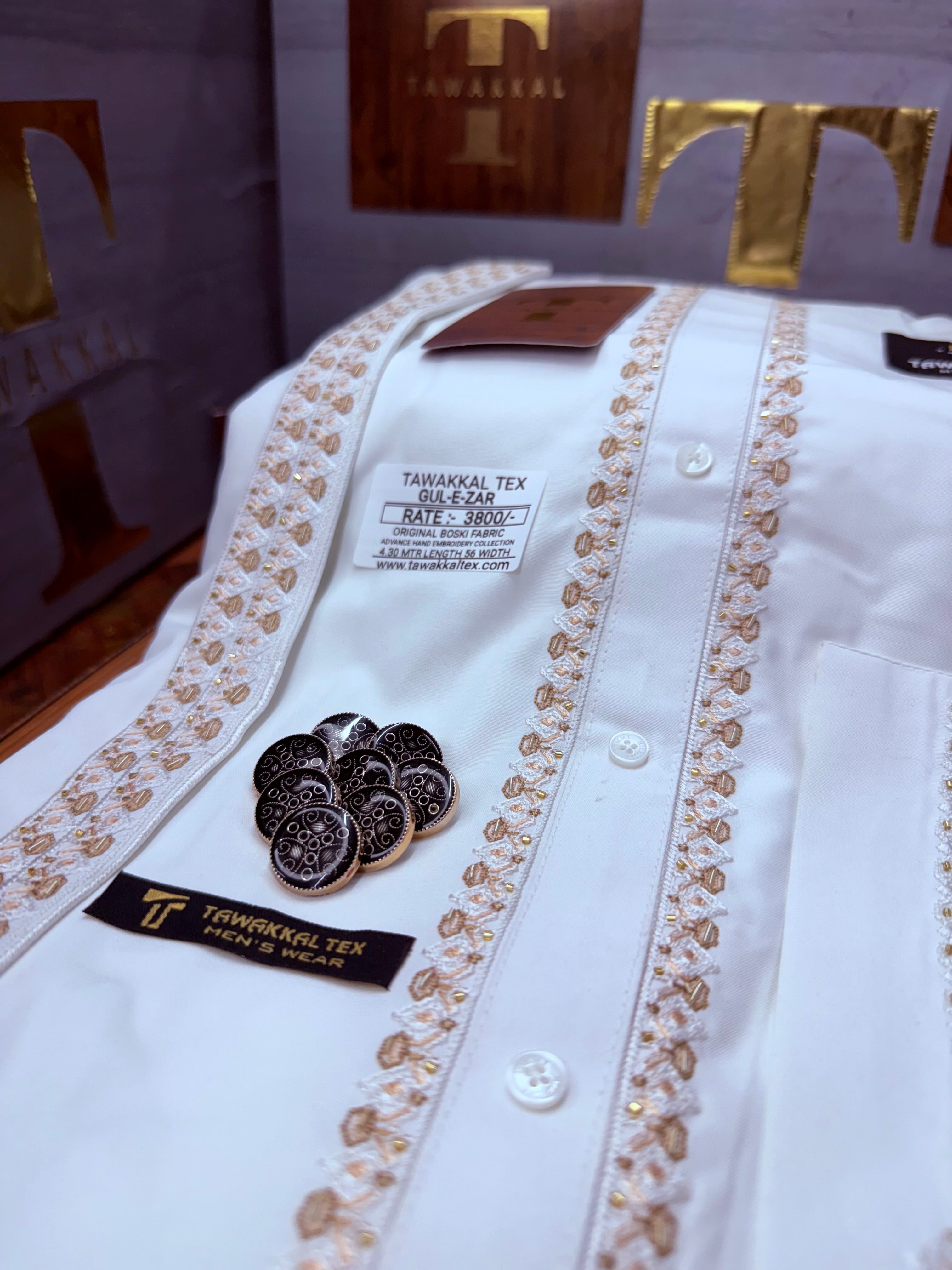 GUL-E-ZAR BOSKI WHITE MULTANI ADVANCE TARKASHI HAND EMBROIDERY (TAWAKKAL TEX)