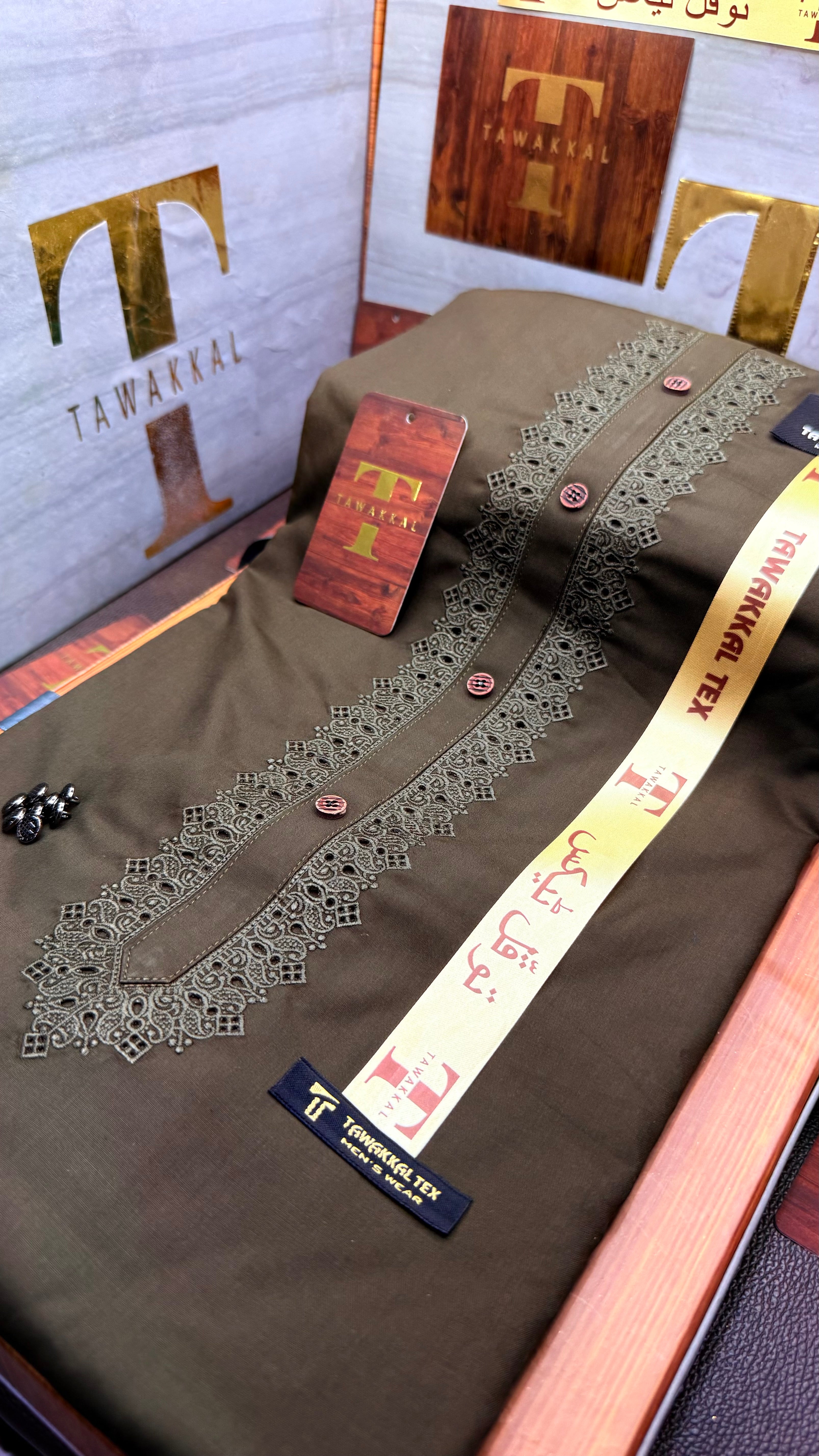 -47 OLIVE SULTAN KURTA SALAWAR (PREMIUM SULEMANI EMBROIDERY PATHANI)