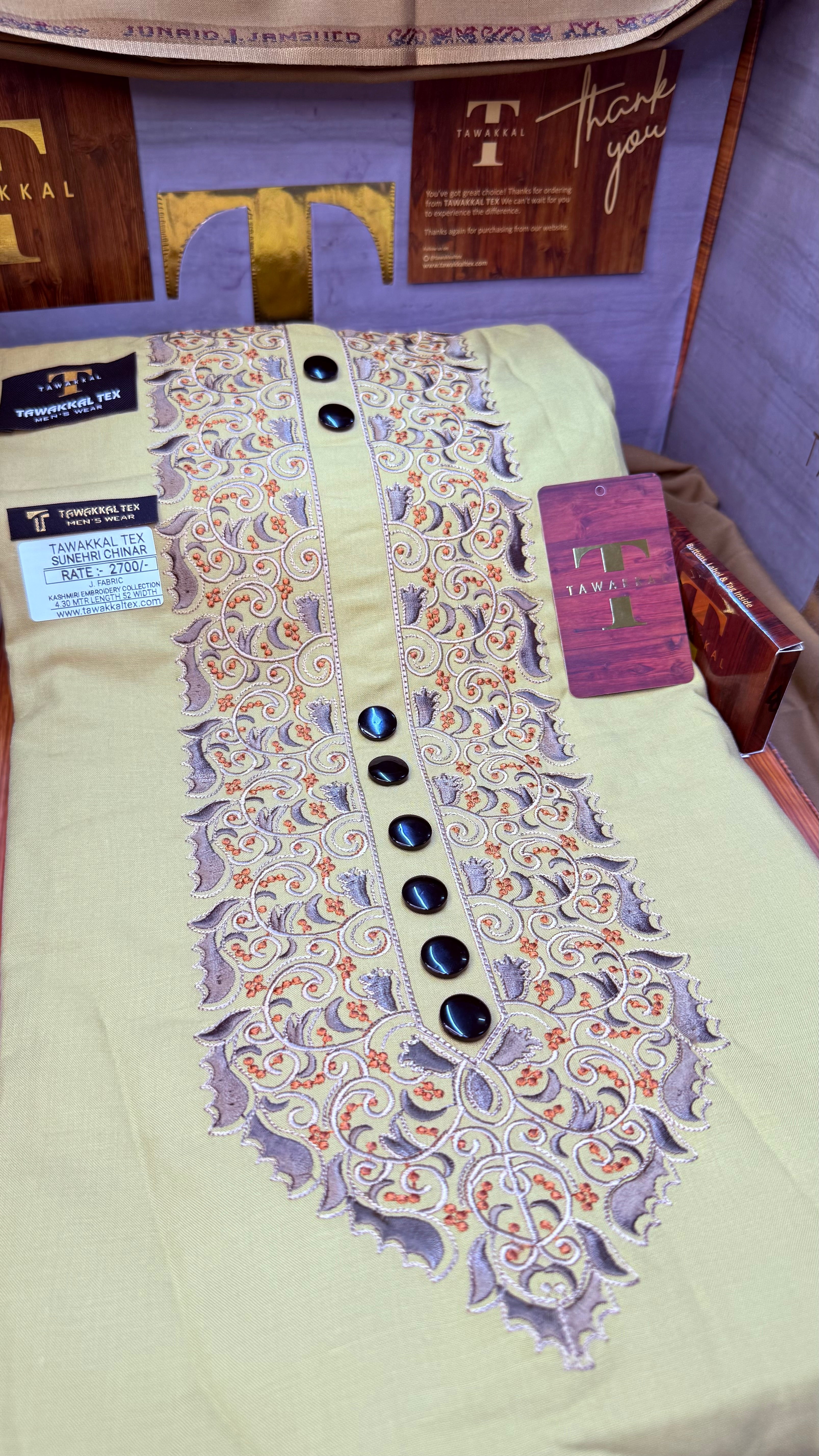 SUNEHRI CHINAR GOLDEN DUNE 107-04MULTI COLOUR KASHMIRI EMBROIDERY UNSTICHED FULL KURTA SALWAR PATHANI (J. FABRIC IMPORTED) “Pics are clicked in HD cameras. Original color may vary from mobile to mobile depending on your handset. – Tawakkal Tex”