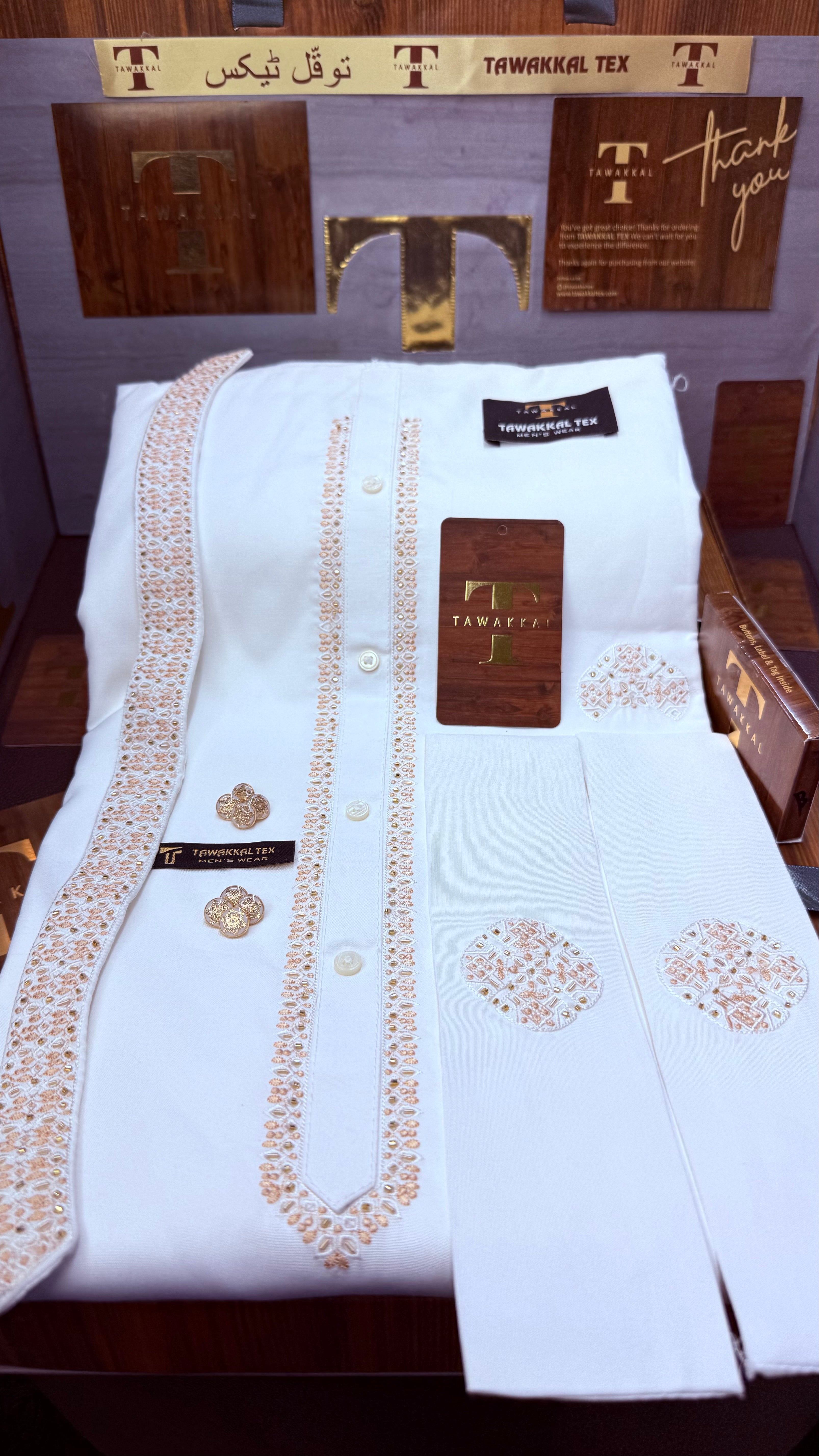 -SHAHENSHAH BOSKI WHITE ADVANCE TARKASHI EMBROIDERY UNSTICHED KURTA SALWAR PATHANI (TAWAKKAL TEX)