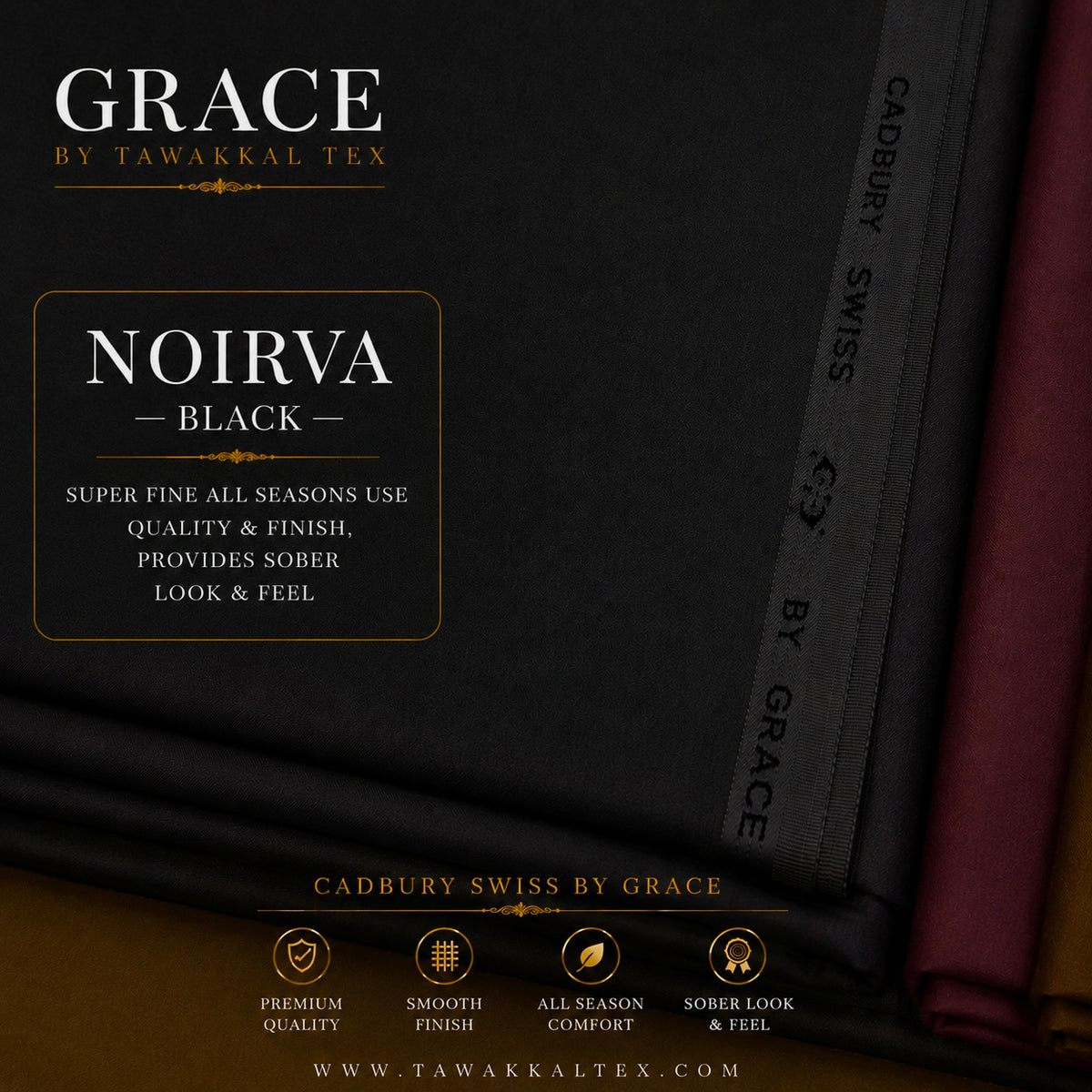 GRACE CADBURY SWISS  — NOIRVA | BLACK Premium All Seasons Use Kurta Salwar Fabric 4.50 MTR | 54–56 Width  BY GRACE INTERNATIONAL