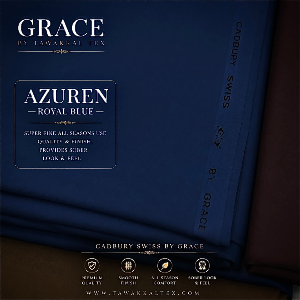 GRACE CADBURY SWISS — AZUREN | ROYAL BLUE Premium All Seasons Use Kurta Salwar Fabric 4.50 MTR | 54–56 Width  BY GRACE INTERNATIONAL