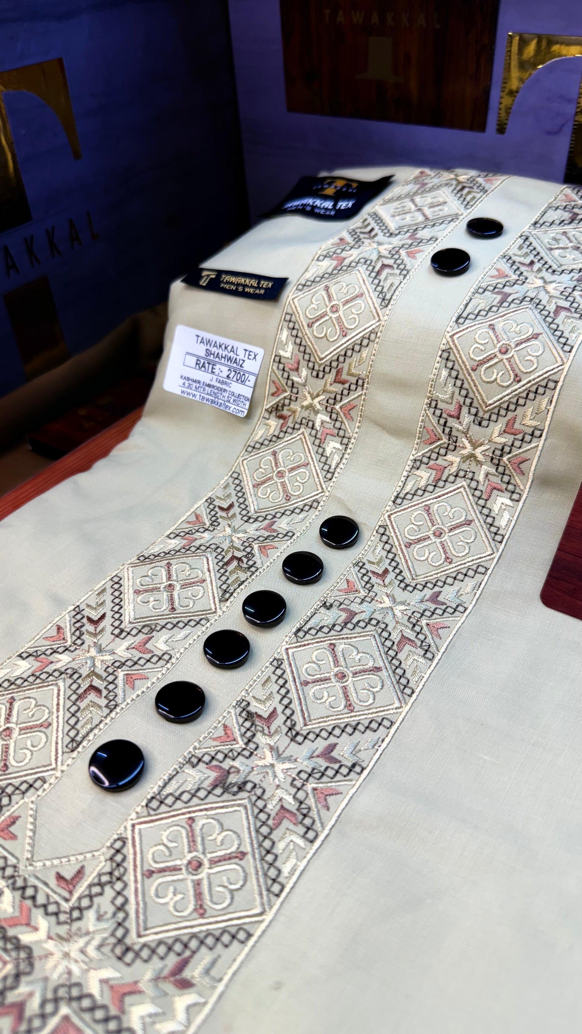 SHAHWAIZ PEARL CREAM 110-03MULTI COLOUR KASHMIRI EMBROIDERY UNSTICHED FULL KURTA SALWAR PATHANI (J. FABRIC IMPORTED) “Pics are clicked in HD cameras. Original color may vary from mobile to mobile depending on your handset. – Tawakkal Tex”