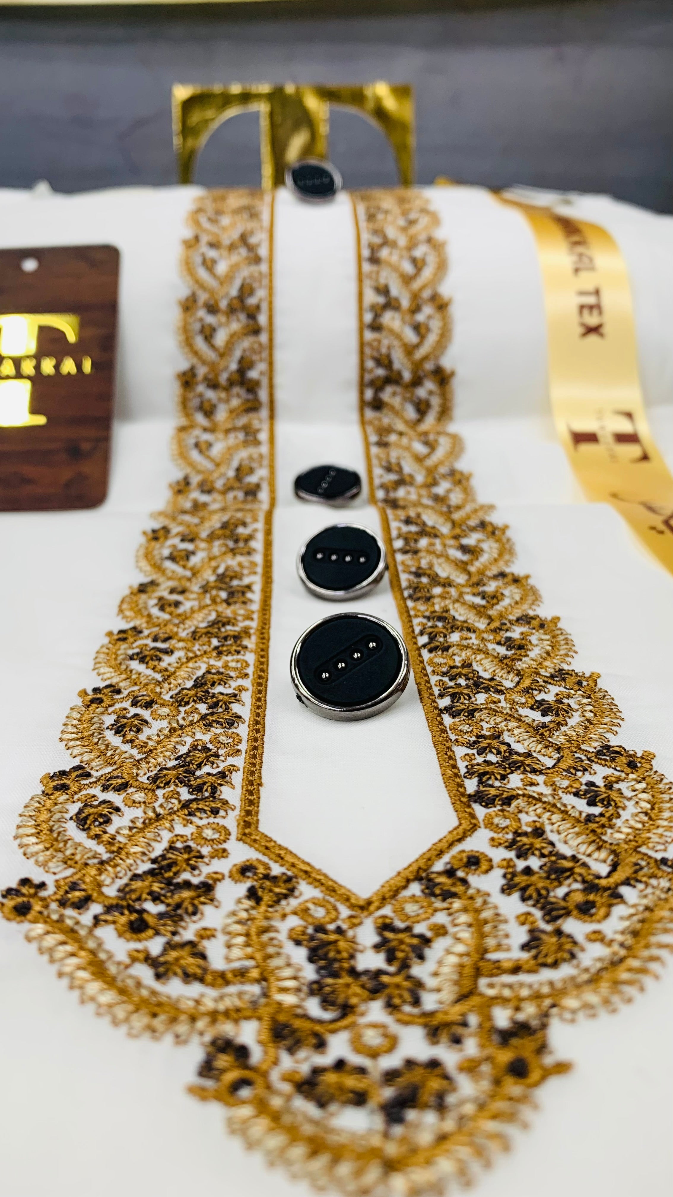 -BURAQ ORIGINAL GOLD KASHMIRI EMBROIDERY IMPORTED KURTA SALWAR PATHANI. (WITH AQ365 PERFUME FREE)