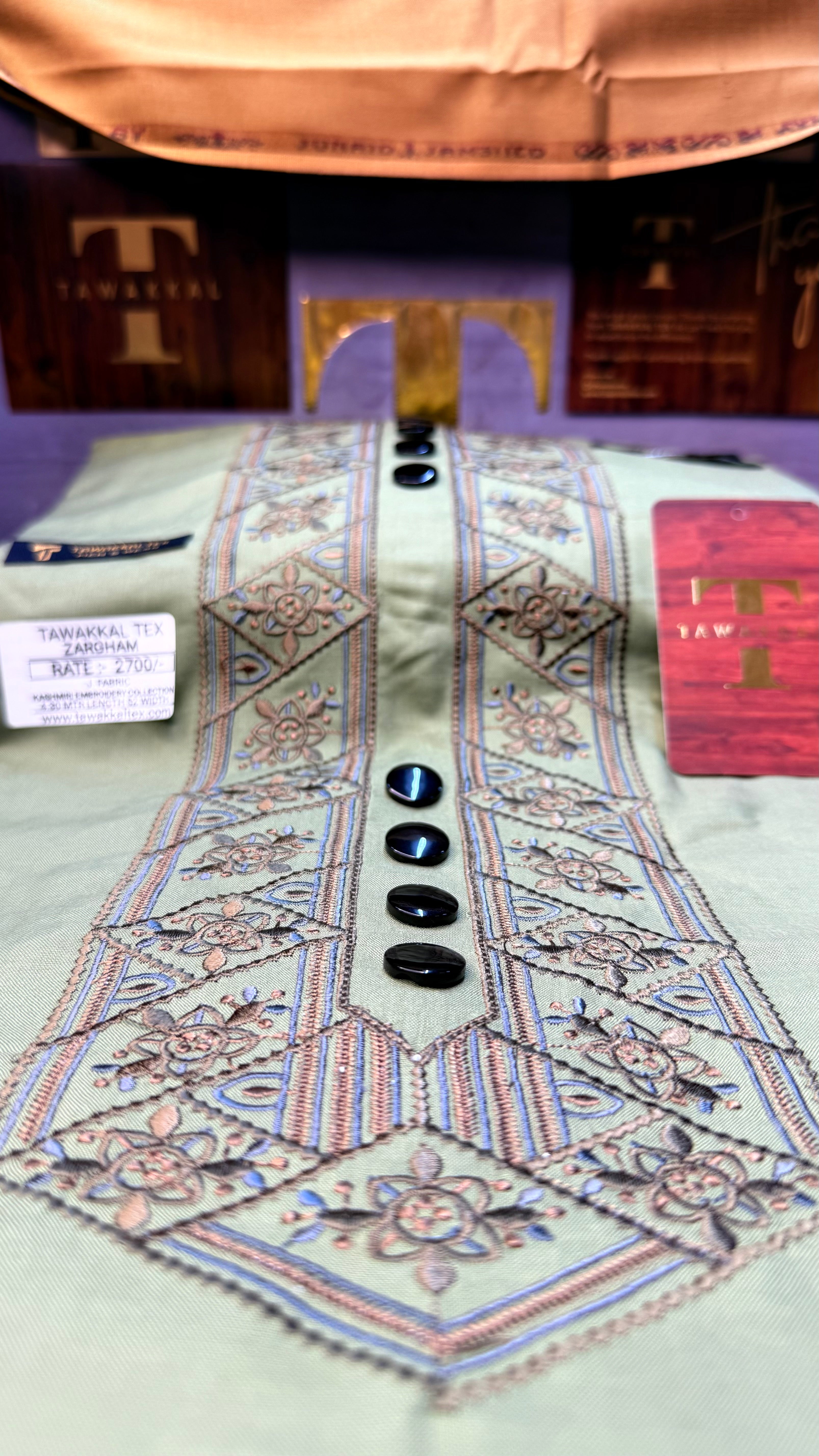 ZARGHAM OLIVE GROVE 109-07 MULTI COLOUR KASHMIRI EMBROIDERY UNSTICHED FULL KURTA SALWAR PATHANI (J. FABRIC IMPORTED) “Pics are clicked in HD cameras. Original color may vary from mobile to mobile depending on your handset. – Tawakkal Tex”