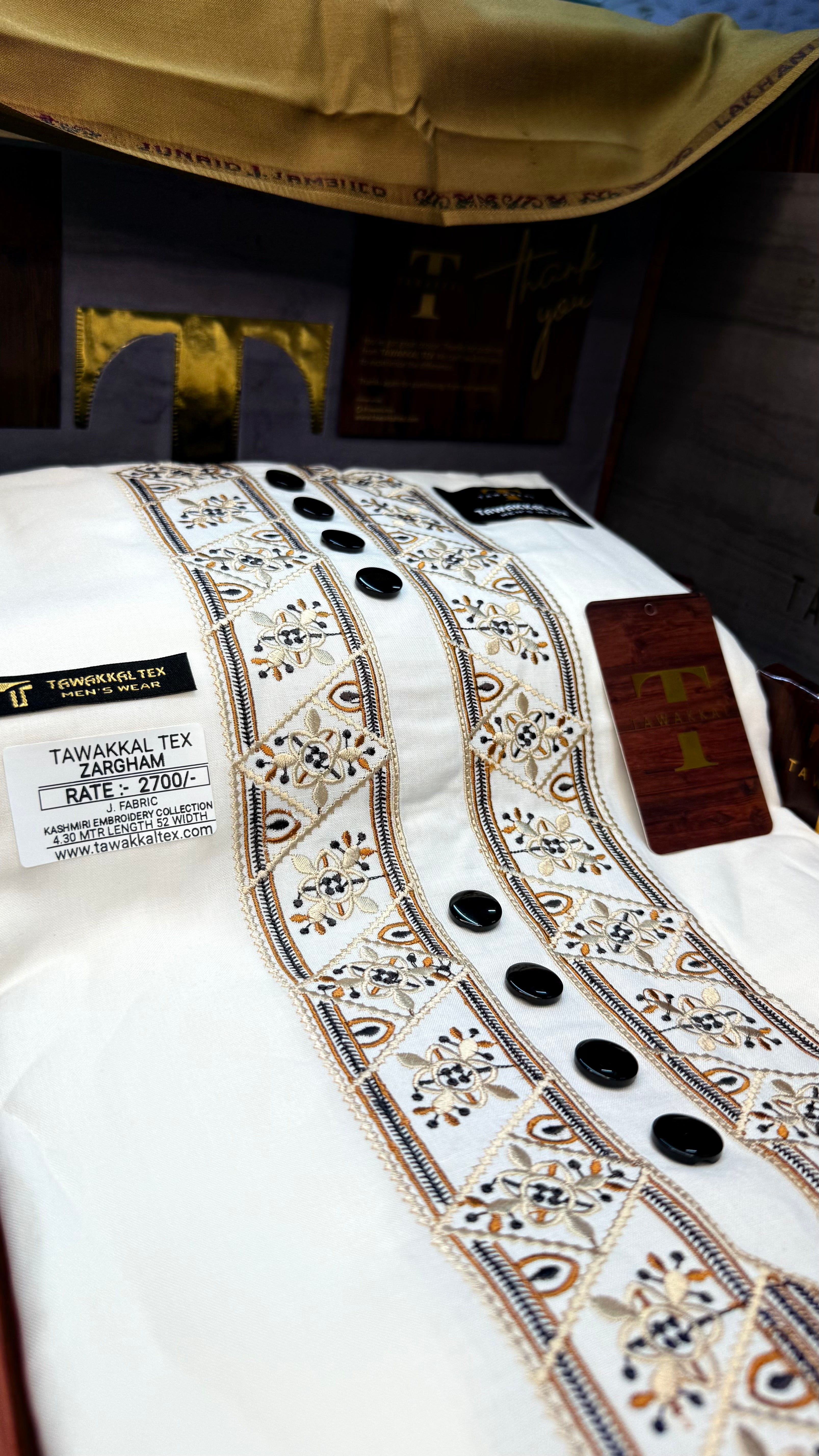 ZARGHAM IVORY NOIR 109-10 MULTI COLOUR KASHMIRI EMBROIDERY UNSTICHED FULL KURTA SALWAR PATHANI (J. FABRIC IMPORTED) “Pics are clicked in HD cameras. Original color may vary from mobile to mobile depending on your handset. – Tawakkal Tex”