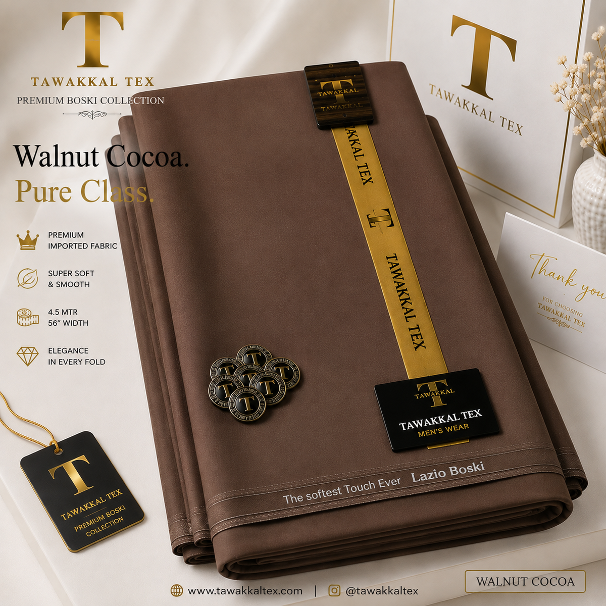 BOSKI KING Walnut Cocoa – Premium Lazio Boski Unstitched Kurta Salwar Fabric (TAWAKKAL TEX)