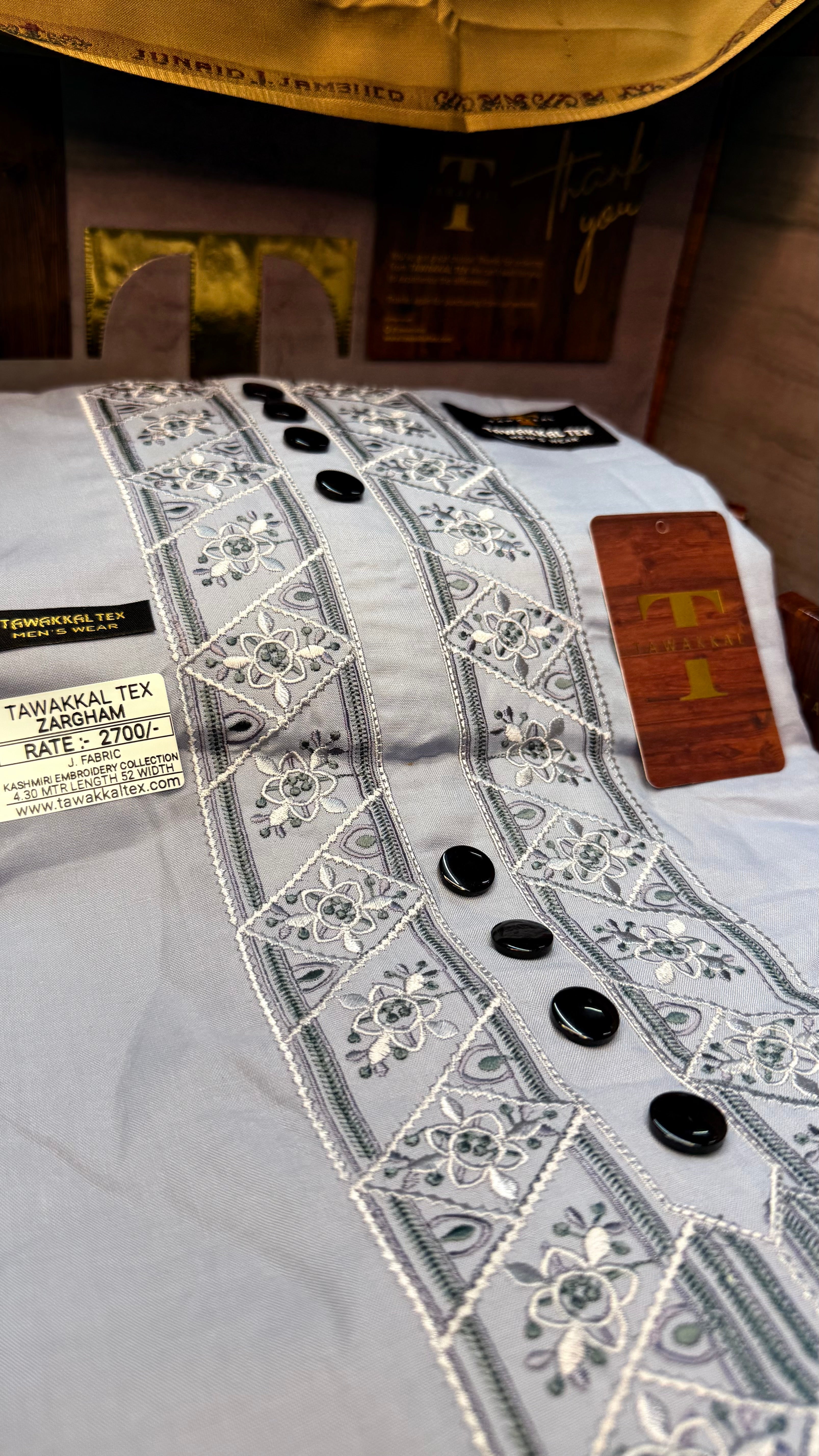 ZARGHAM GREY FROST 109-08 MULTI COLOUR KASHMIRI EMBROIDERY UNSTICHED FULL KURTA SALWAR PATHANI (J. FABRIC IMPORTED) “Pics are clicked in HD cameras. Original color may vary from mobile to mobile depending on your handset. – Tawakkal Tex”