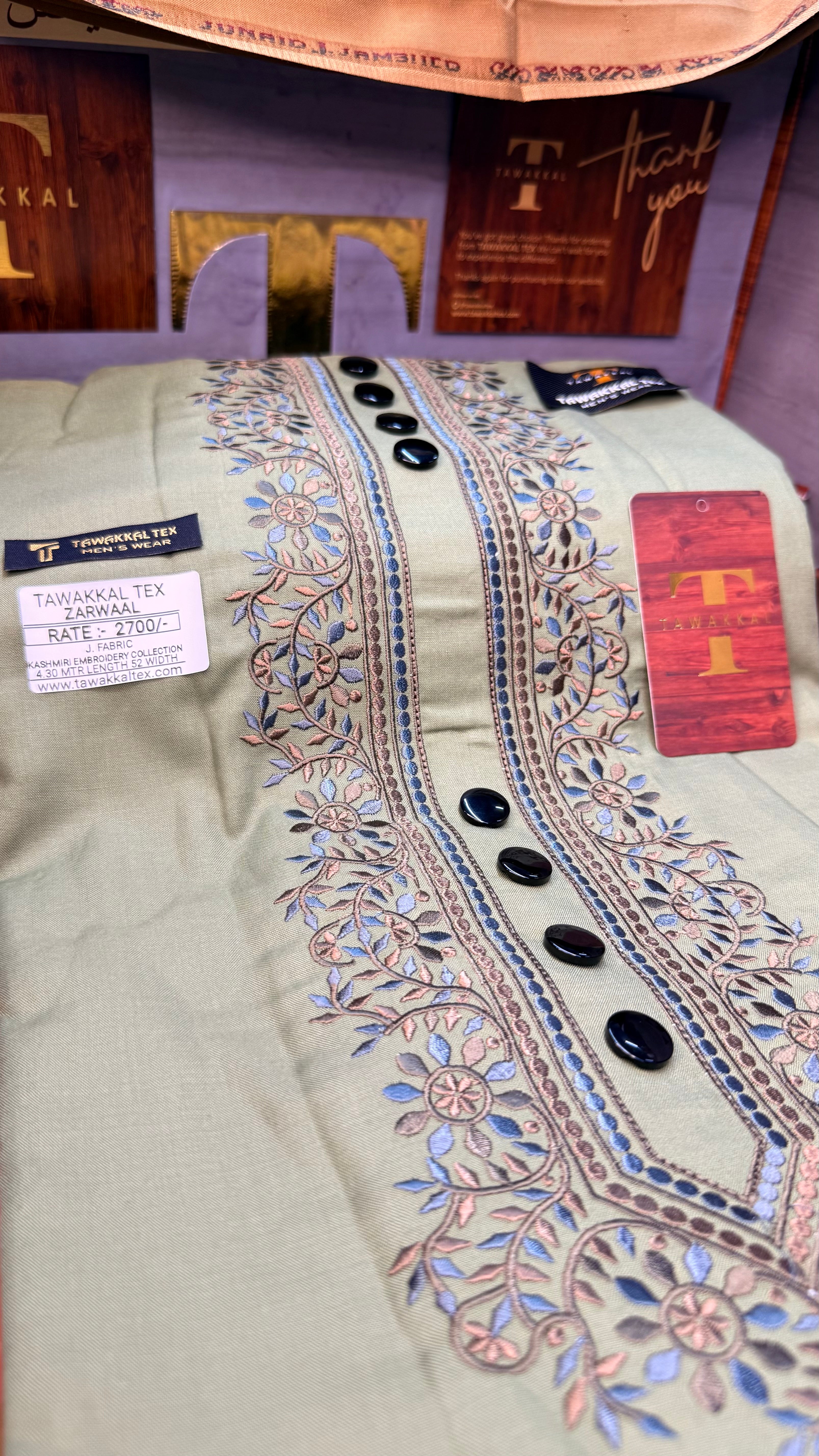 ZARWAAL OLIVE GROVE 101-07 MULTI COLOUR KASHMIRI EMBROIDERY UNSTICHED FULL KURTA SALWAR PATHANI (J. FABRIC IMPORTED) “Pics are clicked in HD cameras. Original color may vary from mobile to mobile depending on your handset. – Tawakkal Tex”