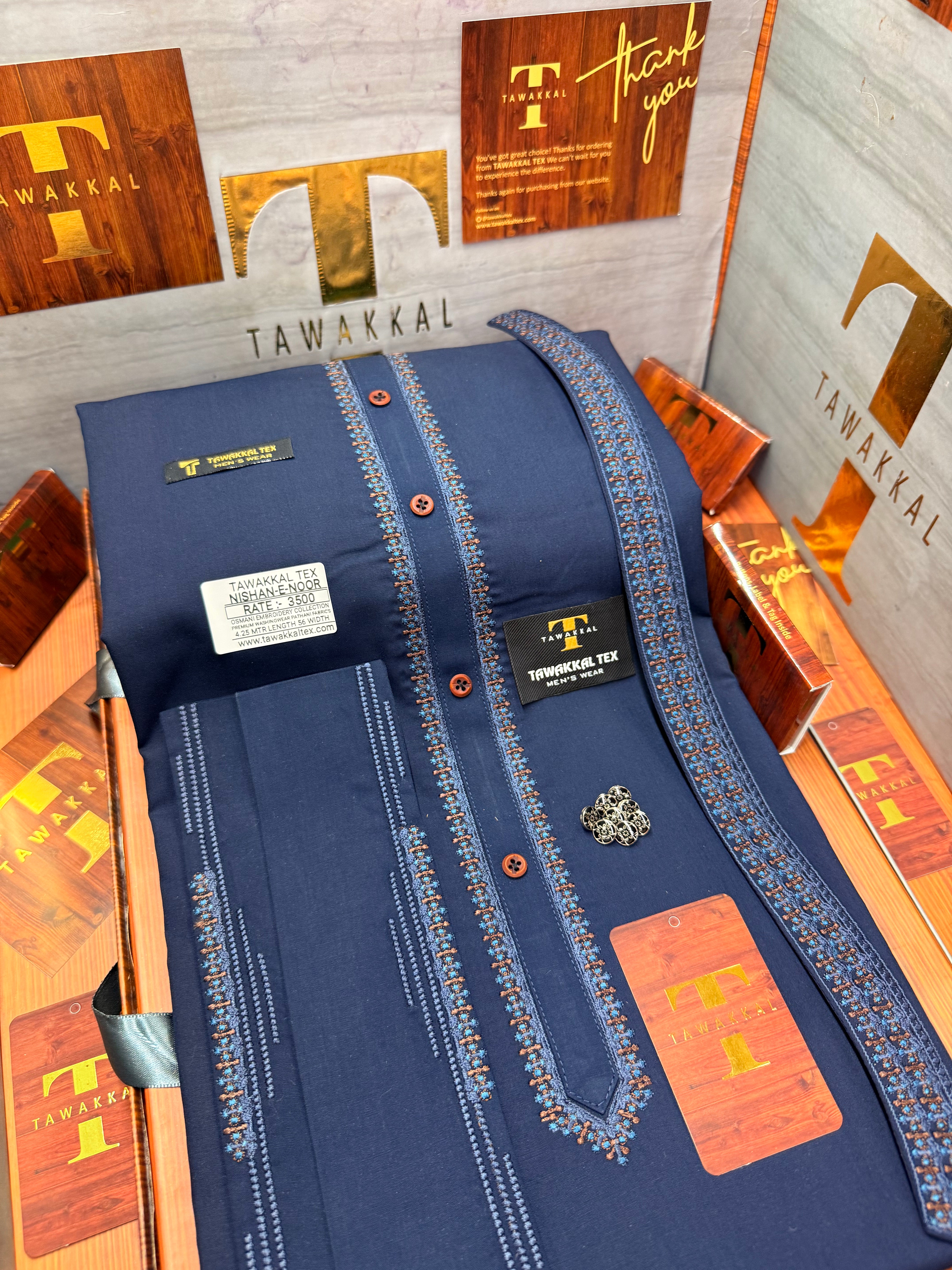 A OSM-2167 ROYAL DENIM NISHAN-E-NOOR OSM- KURTA SALAWAR (PREMIUM OSMANI EMBROIDERY PATHANI)