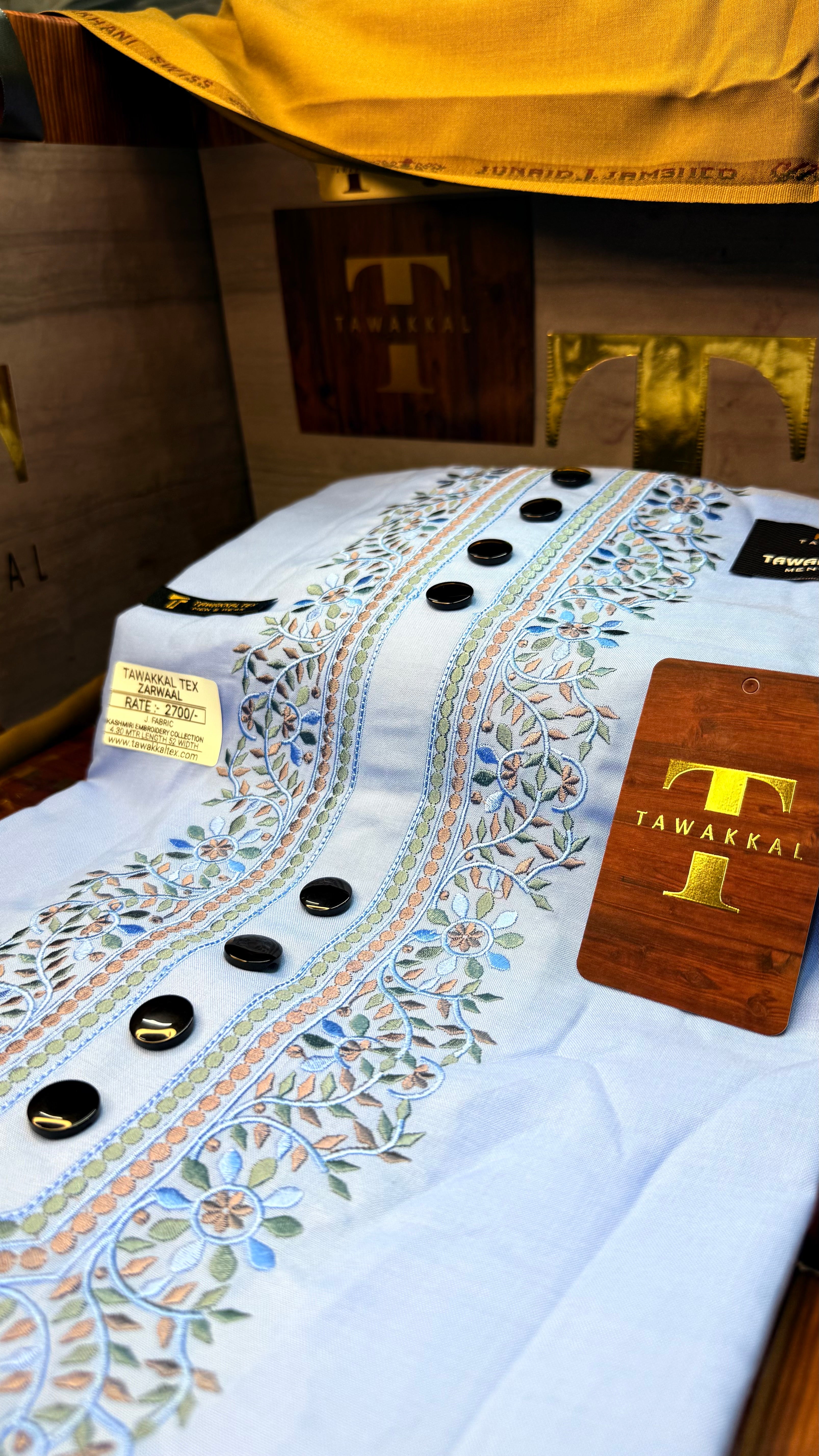 ZARWAAL SKYLINE 101-06MULTI COLOUR KASHMIRI EMBROIDERY UNSTICHED FULL KURTA SALWAR PATHANI (J. FABRIC IMPORTED) “Pics are clicked in HD cameras. Original color may vary from mobile to mobile depending on your handset. – Tawakkal Tex”