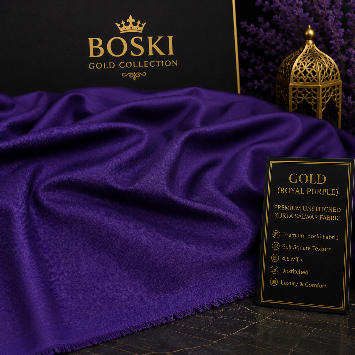 -GOLD (Royal Purple) Boski Gold Collection – Premium 4.5 MTR | 60 Inch Wide Self Square Texture Unstitched Kurta Salwar Fabric